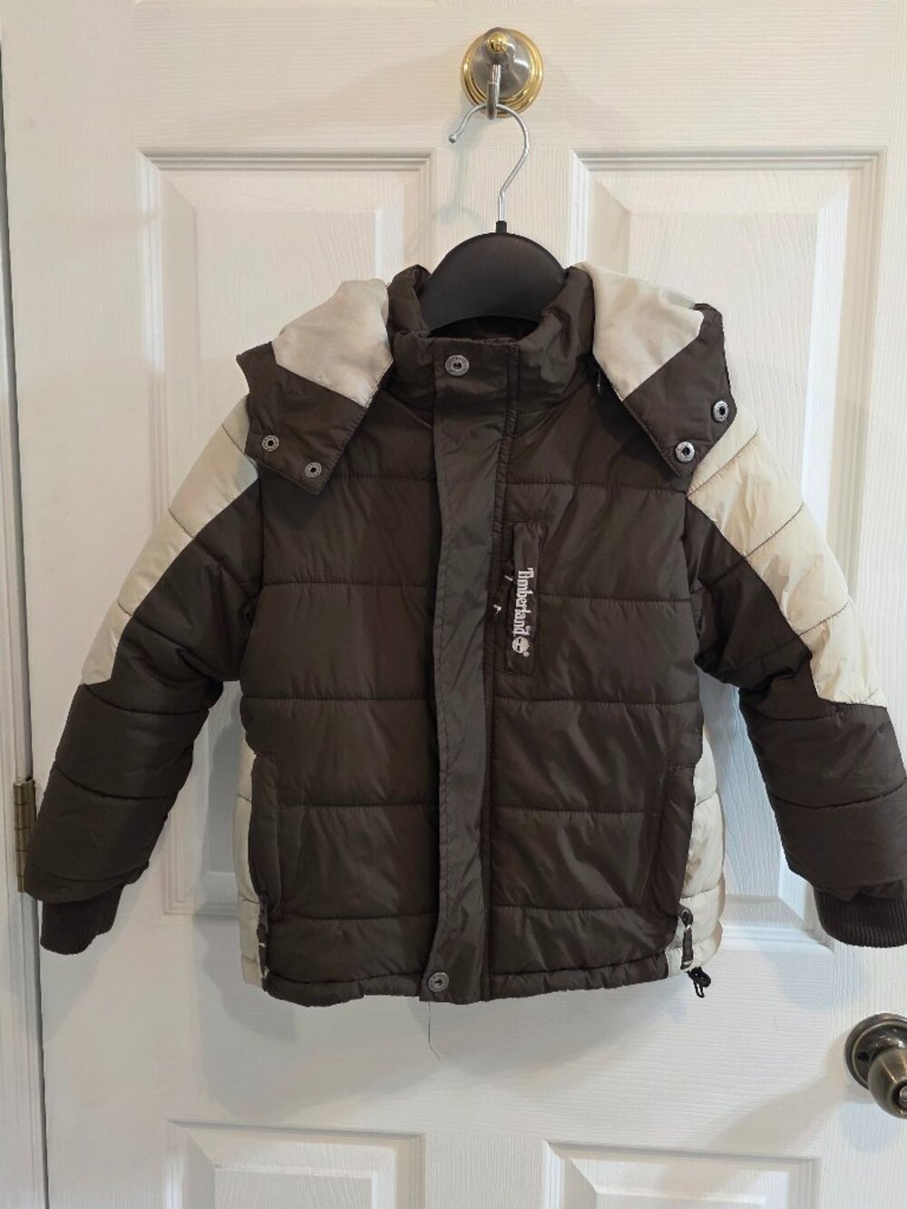 TIMBERLAND Boys 4T Two Toned Hooded Puffer Winter Coat Jacket Brown Cream